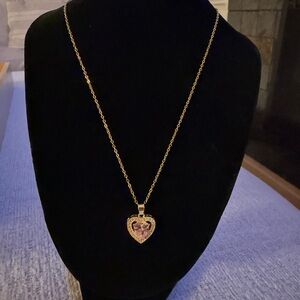 Gold-Tone Heart Necklace with Pink Stone